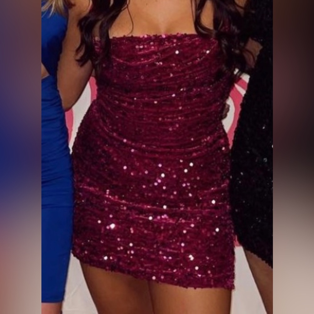 Purple strapless sequin dress
